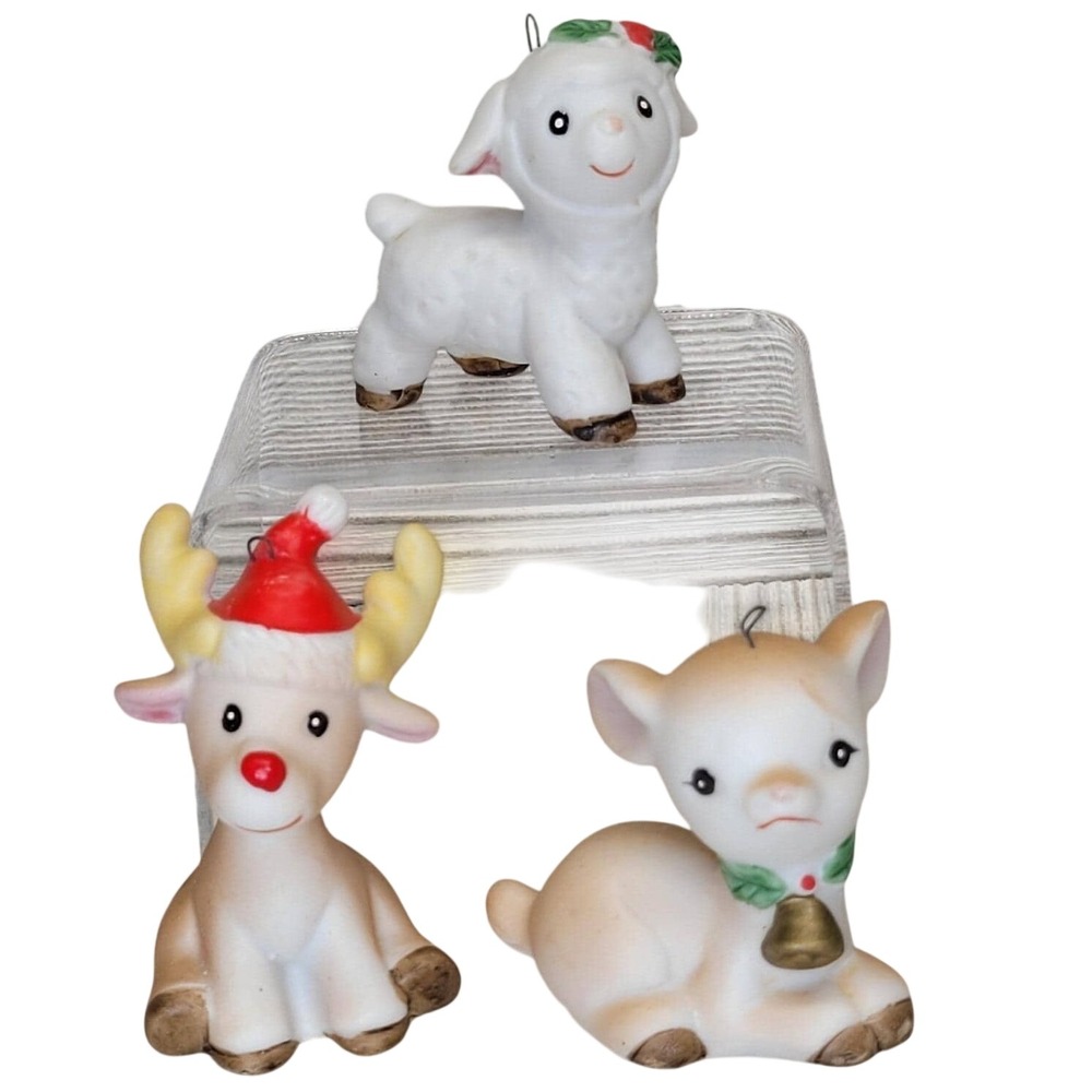 Homco Christmas Ornaments Lamb Reindeer Deer Cow Holiday Animal‎ Figurines Vtg